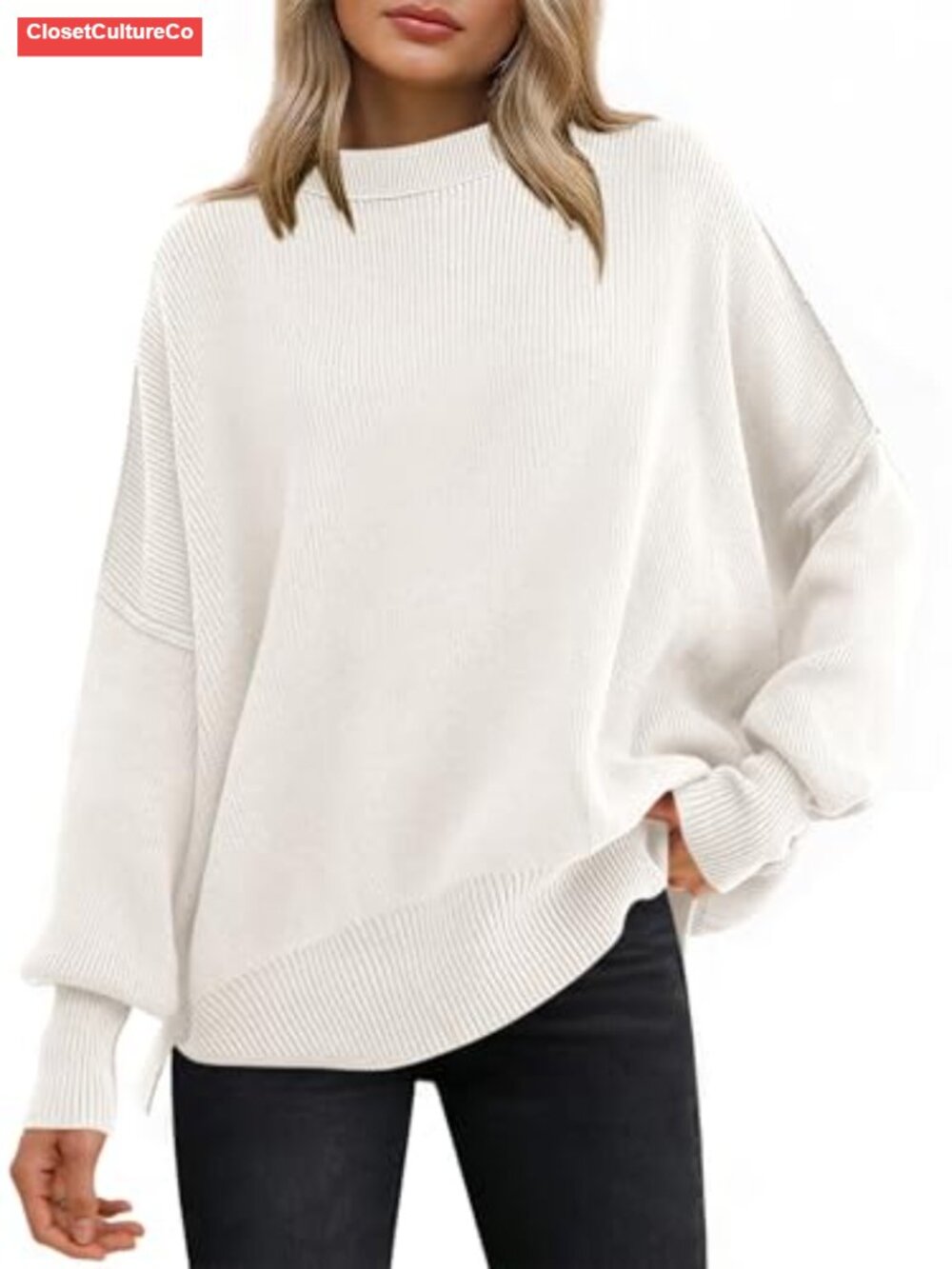Oversized Knit Crew Neck Batwing Long Sleeve Pullover Sweater